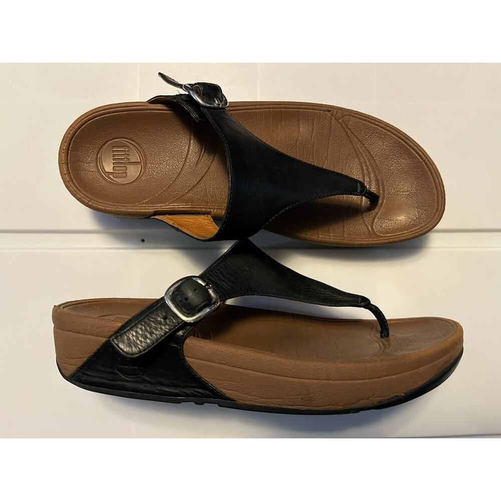 FitFlop Skinny Deluxe Thong T-Strap Sandals Black Leather Women’s 8 549-001